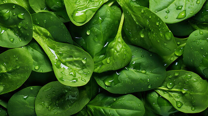 Fresh green spinach leaves with water drops background. Vegetables backdrop. Generative AI