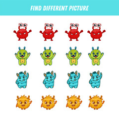 Obraz premium Find different monsters each row. Logical game for kids. Cartoon monster. Vector