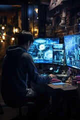 man working on computer , night time, AI Generated