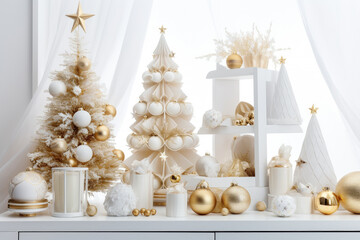 Luxury Christmas background with gift box, ornament decorations and white golden warm tone, happy new year celebration, festive design scene.