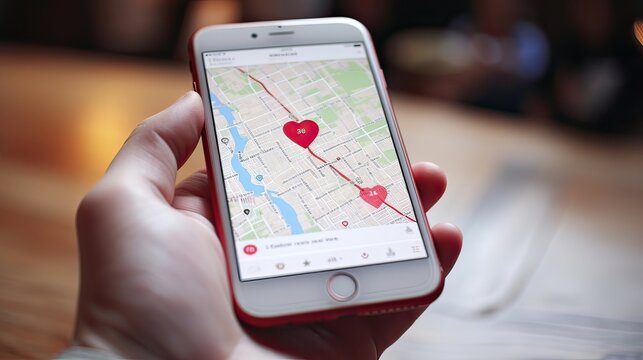 GPS location sharing feature, allowing modern romance seekers to share their whereabouts with potential matches,phone, turn, trip, science, beacon, orientation, sextant, internet. Generated by AI.