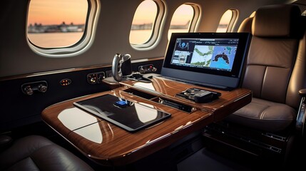 GPS navigation in a private jet ensures seamless journeys for executives. Integrated with real-time air traffic updates and optimized routing. Generated by AI. - obrazy, fototapety, plakaty