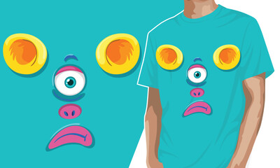 Monsters emotions. scary face masks with mouth and eyes of aliens monsters emoticon shirt design editable template