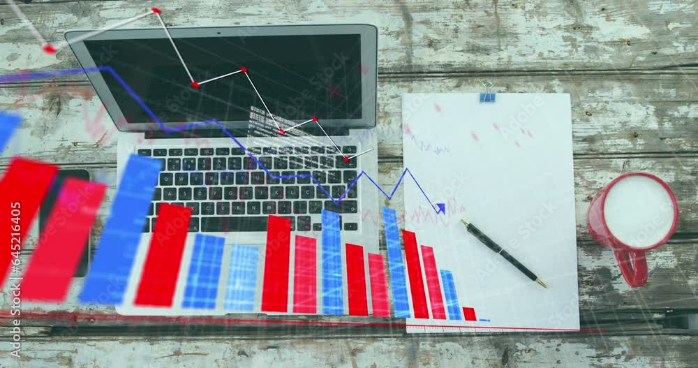 Poster Animation of multiple graphs, coffee cup and computer language, overhead view of laptop and notepad