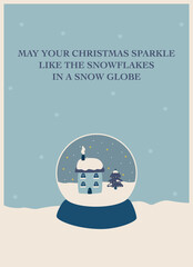winter greeting card with a snow globe in blue tones with wishes