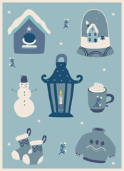 winter set with Christmas attributes in blue tones