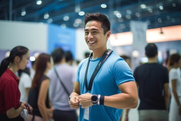 Portrait of handsome asian man using smart watch in expo - obrazy, fototapety, plakaty