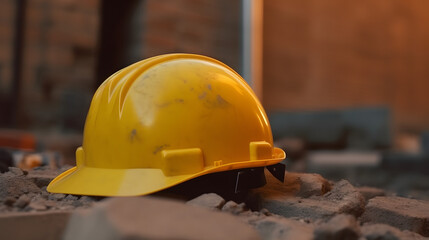 Yellow work helmet, safety gear, construction site, protective equipment, brick stack, building materials, house construction, hard hat, construction worker, safety gear, construction background, buil