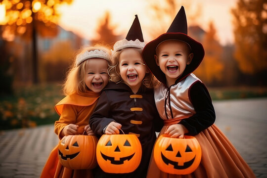Photo of three children dressed up in Halloween costumes posing for a picture. Joyful smiles of children on the eve of the holiday. Festive costume. Jack lantern.