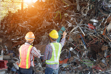 Fototapeta premium Manufacturers Engineer and tablet working at plastic bag manufacturers.