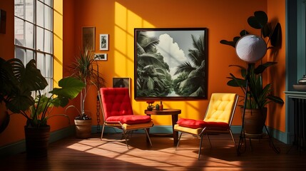 Panorama of modern living room with red armchairs and pictures on wall