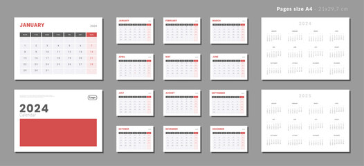 Set of Monthly pages Calendar Planner Templates 2024-2025 with note for wall or desk with Cover and place for Photo, Logo in grey and red color. Pages for size A4 in vector with week start Monday.