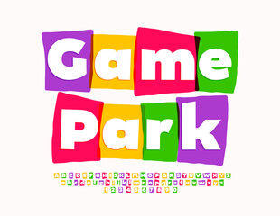 Vector creative sign Game Park with watercolor block Font. Set of playful Alphabet Letters and Numbers