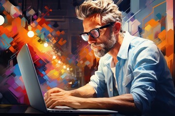 Man working on laptop in the cafe with stylish interior , AI Generated