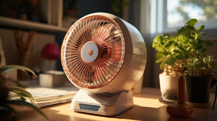 Electric fan on table in kitchen.