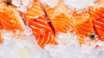 Fresh salmon fillet on ice. Red tasty fish meat. Seafood background. Generative AI