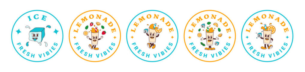 Set of stickers characters of classic and strawberry lemonade, ice cube. Isolated vector labels of mascots in groovy comic style on transparent background