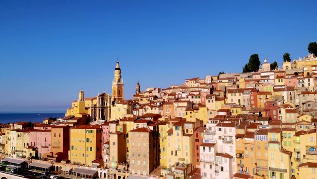 Old town Menton on French Riviera, France. Drone aerial view over Menton Provence Cote d Azur during sunset