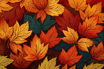Image of autumn leaves with seamless background in a repeating pattern. Generative AI