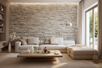 Simple living room with stone walls, light colors, attractive design. Generative AI