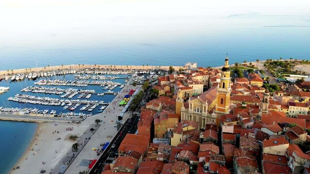 Old town Menton on French Riviera, France. Drone aerial view over Menton Provence Cote d Azur during sunset at the harbour of Menton 