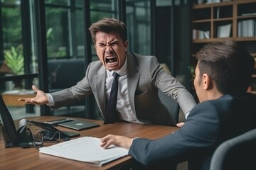 Business man sitting at office desk, boss shouting at him with angry moment.