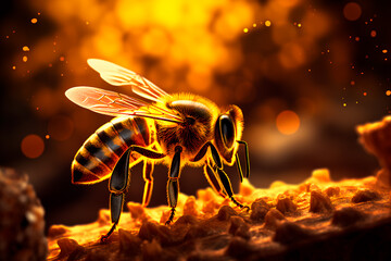 
A beautiful photo of bees on a honeycomb. Bees and home honey. Drops of honey. - obrazy, fototapety, plakaty