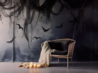 Moody and dark haloween decoration, sophisticated autumn holiday decor for haloween party, home interior in black colors
