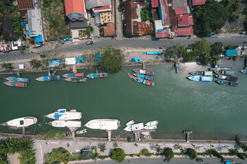 Fototapeta na wymiar Aerial Top View of the ship docked at Batang Arau Padang, West Sumatra