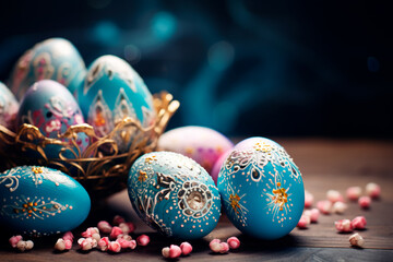 Fototapeta premium Easter eggs in a nest on a wooden table. Easter background, wallpaper. Christian holiday