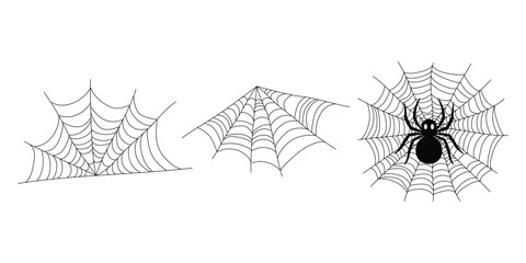 Spider on web. Set of different spiderweb designs. Abstract texture of insect traps. Halloween design element. Isolated graphic template. Vector set.