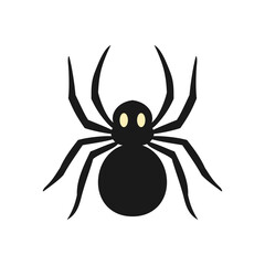 A black spider with yellow eyes on a white background. Spider silhouette. Insect flat design. Vector isolated illustration. 