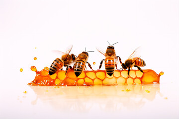 Bees on honeycomb on white isolated background. Homemade honey and bees