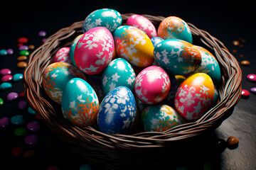 Fototapeta na wymiar Easter eggs in a nest on a wooden table. Easter background, wallpaper. Christian holiday