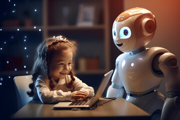 Children talking with robotic ai. generative ai. - obrazy, fototapety, plakaty