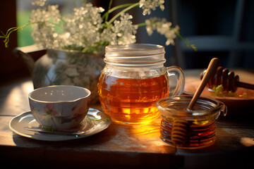 Tea with honey and lemon. A jar of honey on the table near the tea