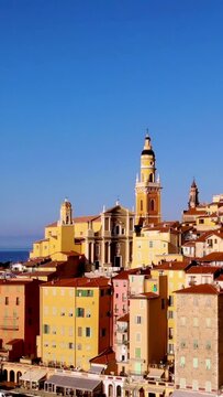 Old town Menton on French Riviera, France. Drone aerial view over Menton Provence Cote d Azur during sunset