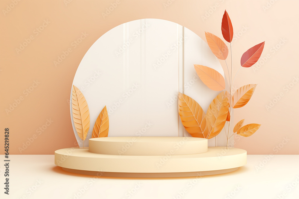 Poster 3d podium products display background with autumn leaves,mushrooms,animal on the left with copy spac