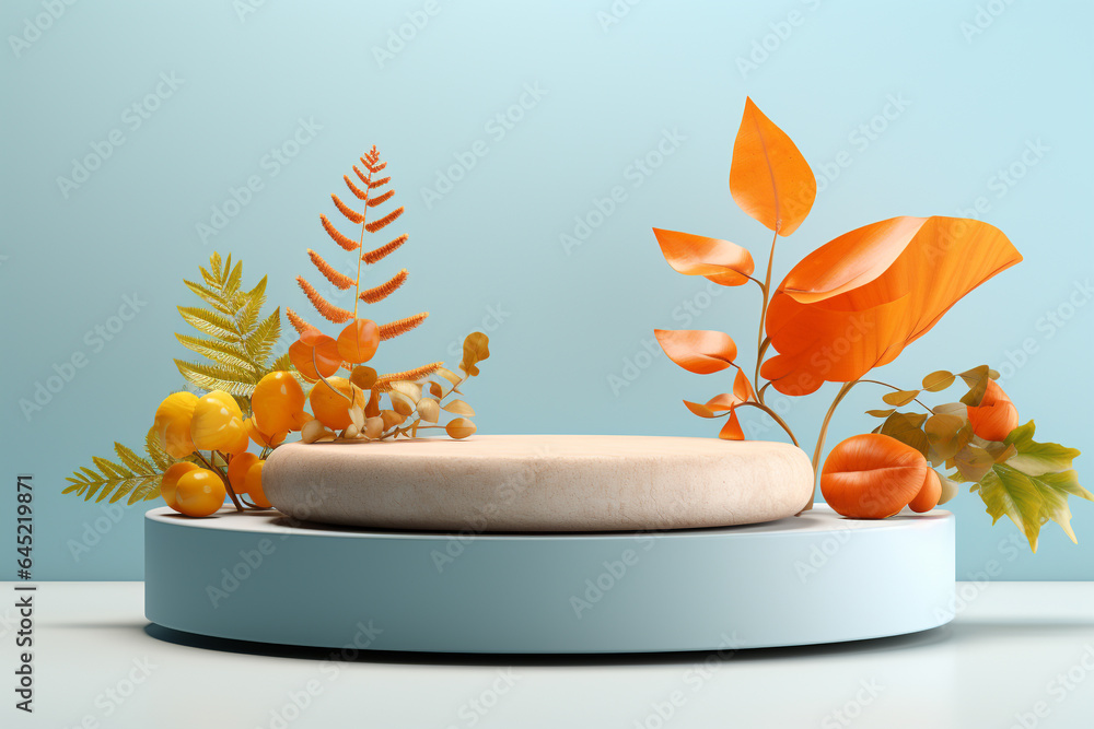 Poster 3d podium products display background with autumn leaves,mushrooms,animal on the left with copy spac
