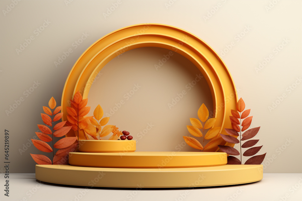 Poster 3d podium products display background with autumn leaves,mushrooms,animal on the left with copy spac