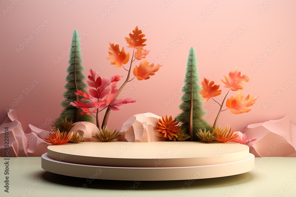 Poster 3d podium products display background with autumn leaves,mushrooms,animal on the left with copy spac
