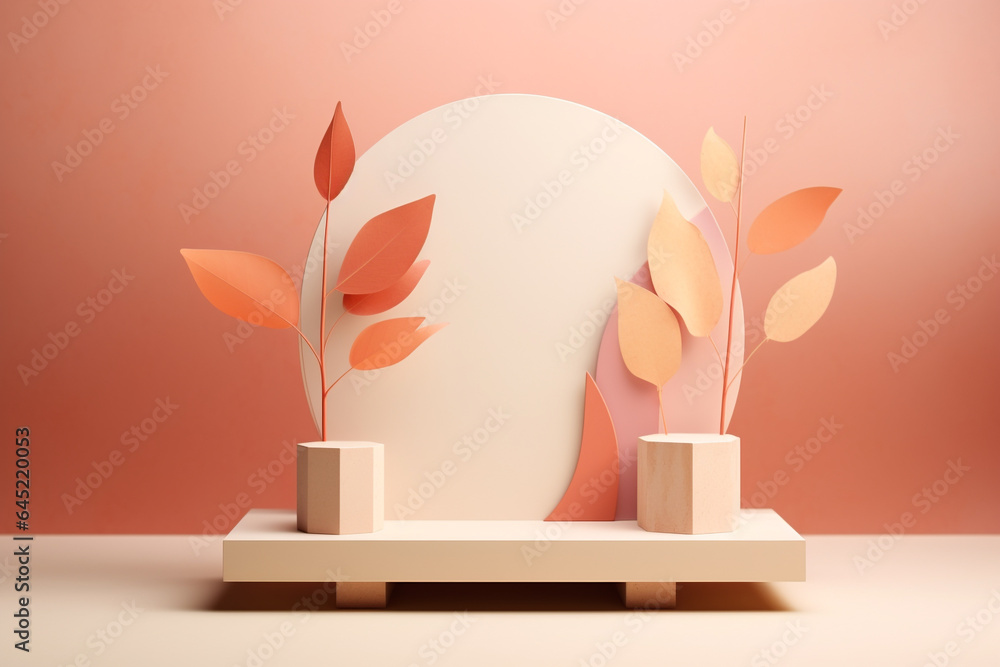 Poster 3d podium products display background with autumn leaves,mushrooms,animal on the left with copy spac