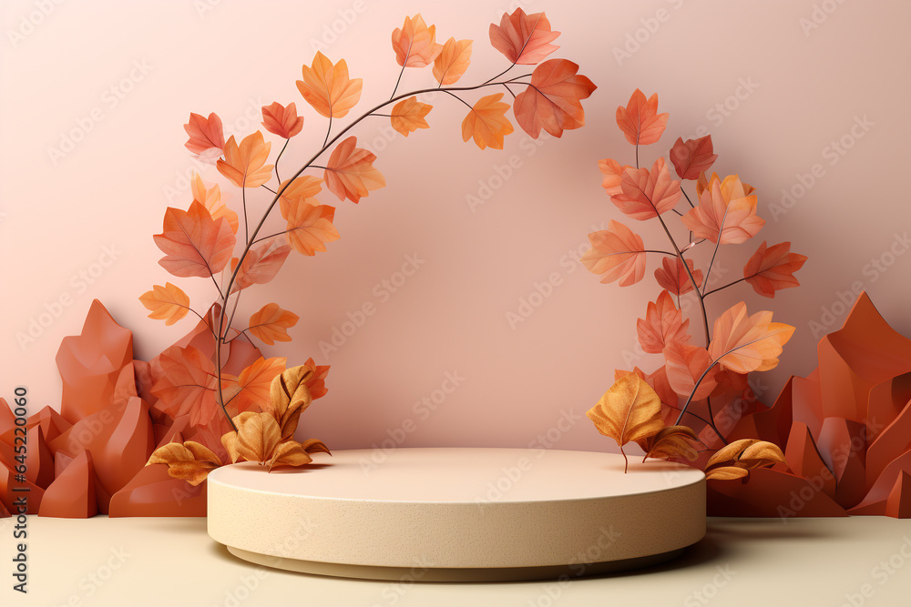 Poster 3d podium products display background with autumn leaves,mushrooms,animal on the left with copy spac