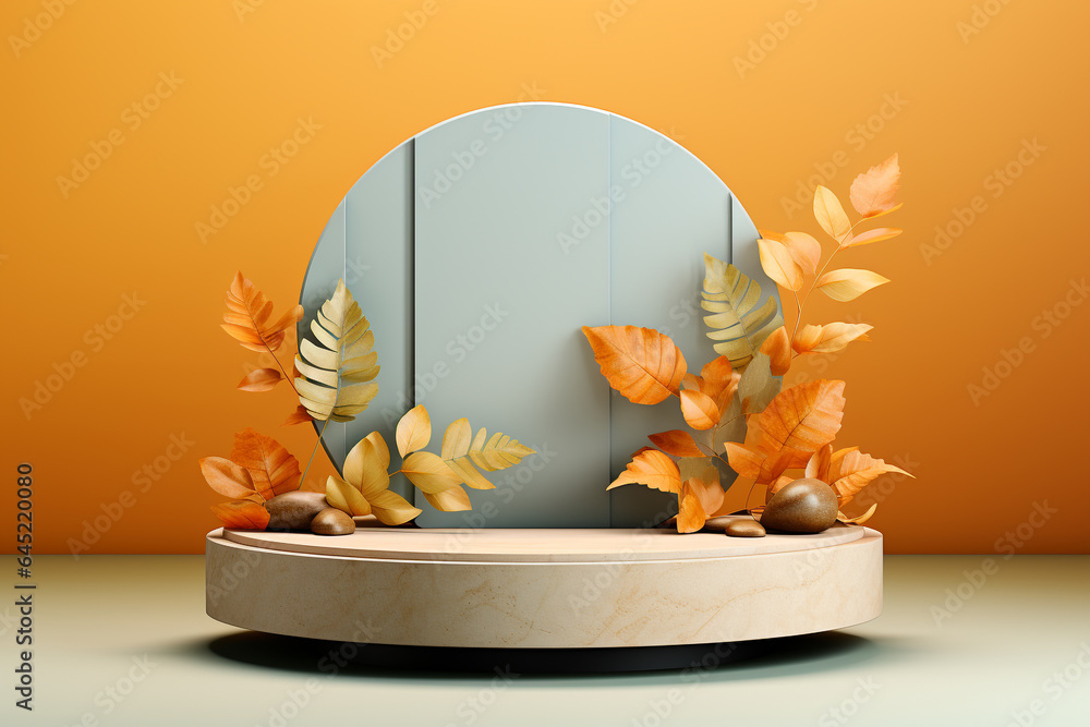 Poster 3d podium products display background with autumn leaves,mushrooms,animal on the left with copy spac