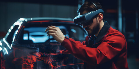 Automotive Engineer Wearing VR Headset Working on 3D Electric Car Prototype. generative ai. - obrazy, fototapety, plakaty
