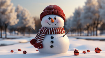 Fototapeta premium Merry christmas and happy new year , Snowman standing in winter christmas landscape with copy-space , Created with Generative Ai Technology