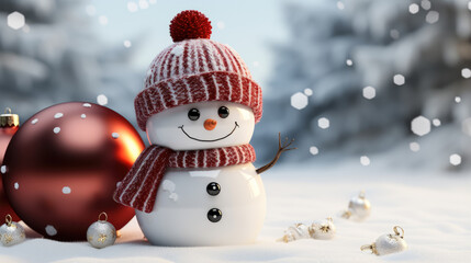 Obraz premium Merry christmas and happy new year , Snowman standing in winter christmas landscape with copy-space , Created with Generative Ai Technology