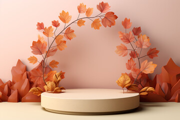 3D podium products display background with autumn leaves,mushrooms,animal on the left with copy space.Minimal background for products presentation.Created with Generative AI technology