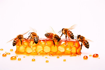 Bees on honeycomb on white isolated background. Homemade honey and bees