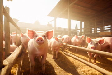 Pigs on a pig farm. Breeding of domestic animals